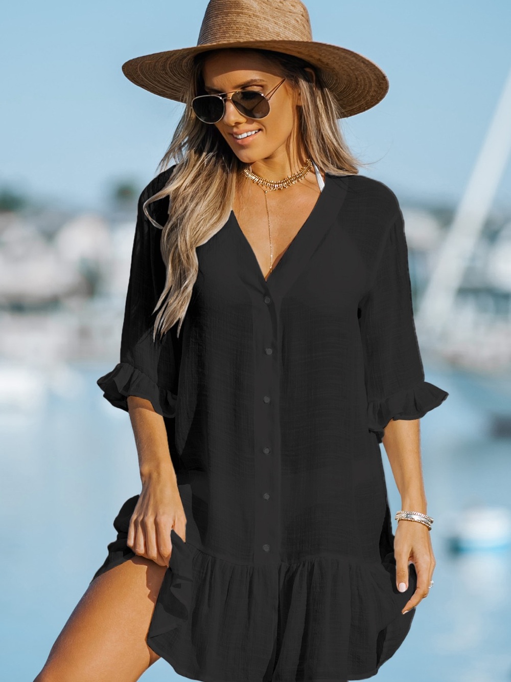 Ruffled Black Cover-Up Dress Size S NWT